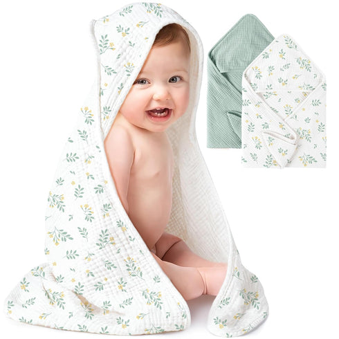 Konssy 2-Pack Muslin Hooded Baby Towels, 100% Cotton, Ultra-Soft & Absorbent Baby