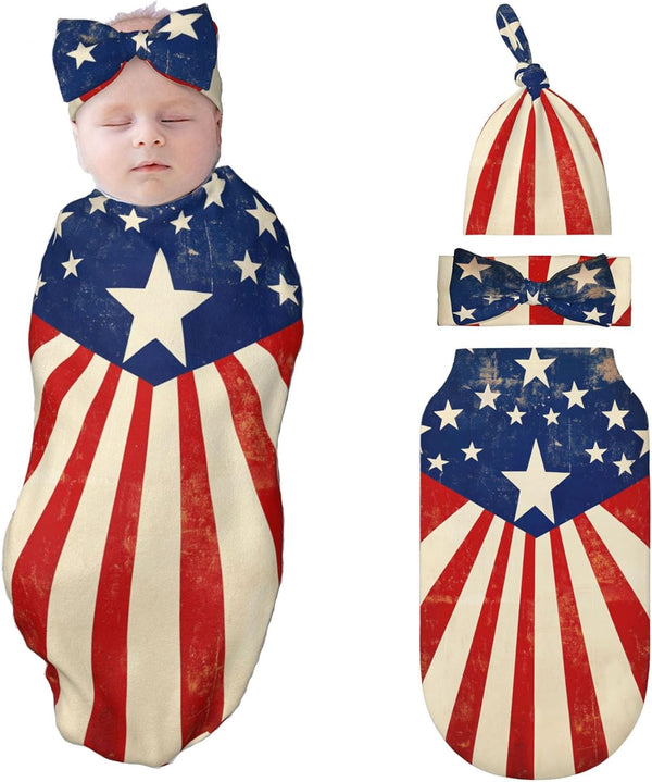 American Flag Swaddle Blankets Newborn Receiving Blanket Baby Swaddle Wrap with Headband