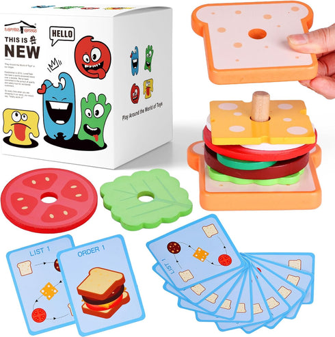 LovesTown Wooden Stacking Toys, Montessori Sandwich Stacking Toys for Kids Educational Birthday Gifts
