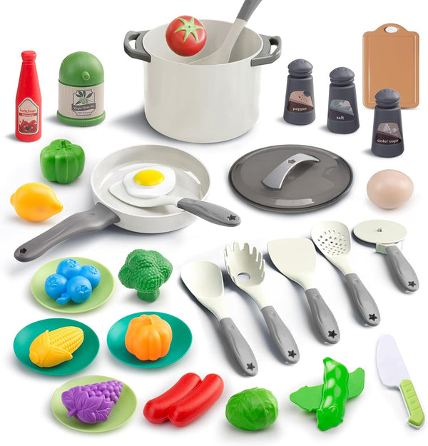 35Pcs Kids Kitchen Toy Accessories, Toddler Pretend Cooking Playset with Pots, Pans, Utensils, and Toy Food (White)