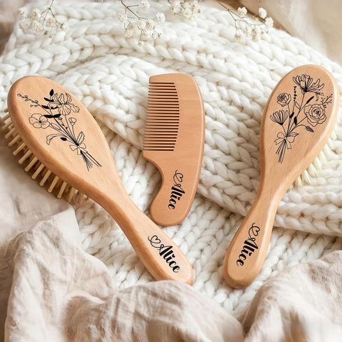 BMVDDFF Set, Customed Baby Hair Brush Wooden Comb Massage Scalp Comb with Name and Birth Flower, Hair Care Kit