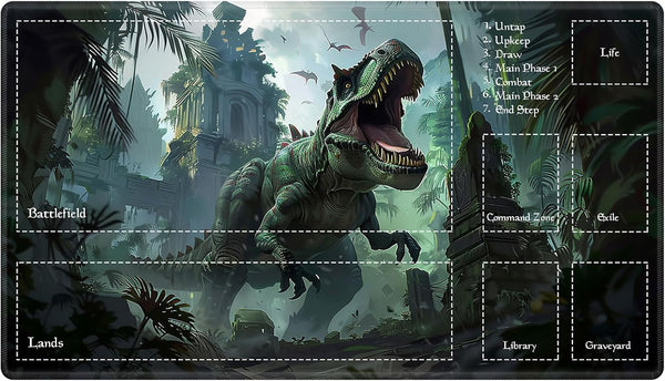Playmat with Zones for MTG Card Game, 24"x14" Tabletop Magic Play Mats for Beginner, Dinosaur T-Rex in Jungle