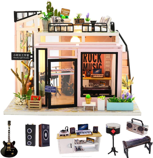 Spilay DIY Miniature Dollhouse Kit with Wooden Furniture, Dust Proof and Music Movement, 1:24 Scale Creative Room