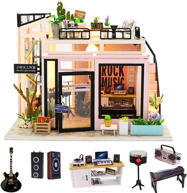 Spilay DIY Miniature Dollhouse Kit with Wooden Furniture, Dust Proof and Music Movement, 1:24 Scale Creative Room