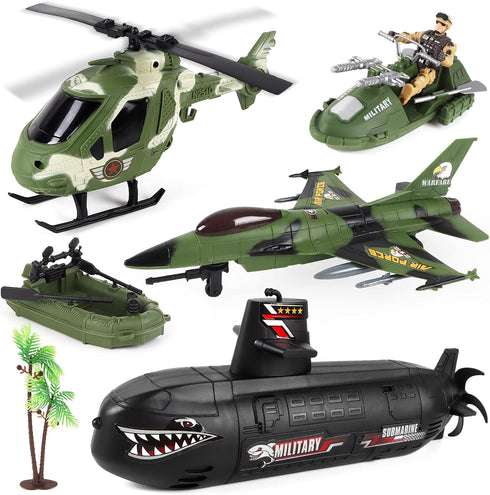 deAO Submarine Toy Army Men Action Figures with Military Vehicles - Helicopter,