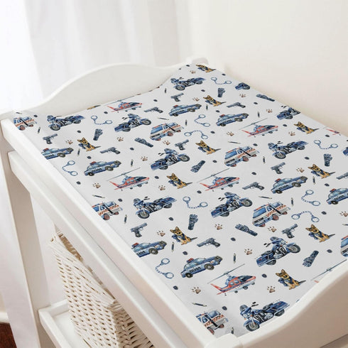 Watercolor Police Vehicles Changing Pad Covers, Car Motorcycle Helicopter Sheets for Boys, 32"x16" Soft Mat