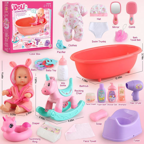 Set 11" Chair,Swimming 2 Sets 15 3 4 5 6. Baby Doll Bath Toys with Bathtub, Baby Dolls, Rocking Ring, Baby Dolls