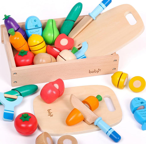 Dailyfunn Wooden Pretend Play Foods Set for Kids Kitchen Montessori Cutting Playset