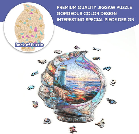 200 13 8.2 Inches Delobil Lighthouse Wooden Puzzles for Adults, Shell Landscape Jigsaw Puzzles Pieces, Unique Shape