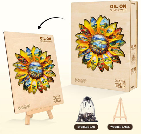 245 13.4 13.1in Wooden Sunflower Puzzles Adults, Flower Shaped Wood Puzzle Pieces, Oil Painting Puzzles, Christmas