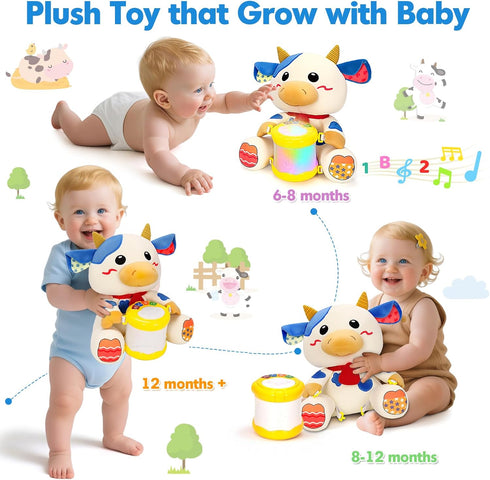 6-12 1, 2 V-Opitos Stuffed Cow Musical Toys for Baby Months+, Early Learning Light up Music Drum, Perfect Christmas