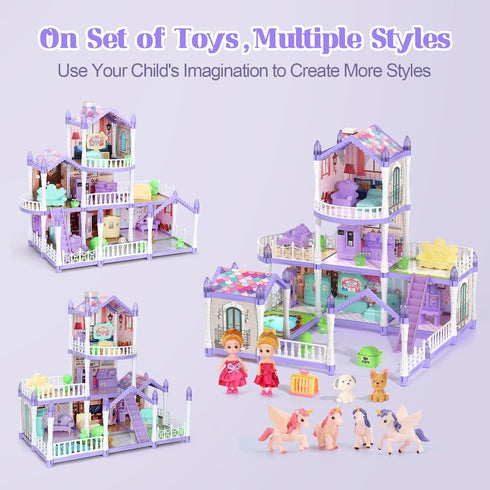 randhar 9 2 4 3+ Lilac Purple Doll House for Girls, Dream Dollhouse Rooms with Dolls, Unicons,Lights, Furniture