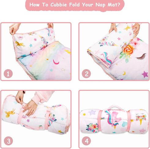 Toddler Nap Mat with Removable Pillow and Soft Dot Minky Blanket, Extra Large Unicorn Napping Mats for Kids