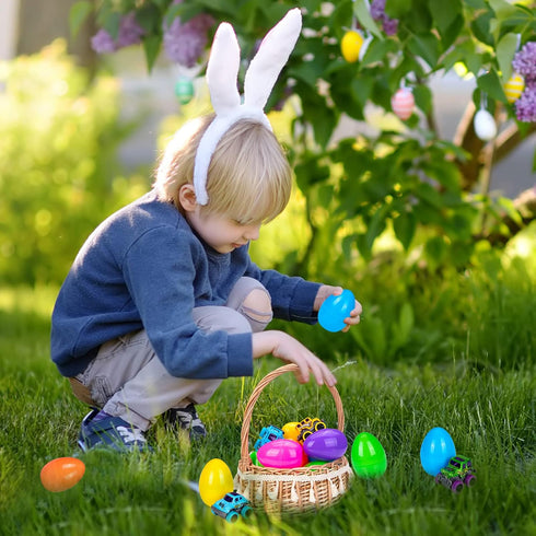 ThinkMax 12pcs Easter Eggs Prefilled with Pull Back Cars, with toys inside for Easter Eggs Hunt, Easter Basket
