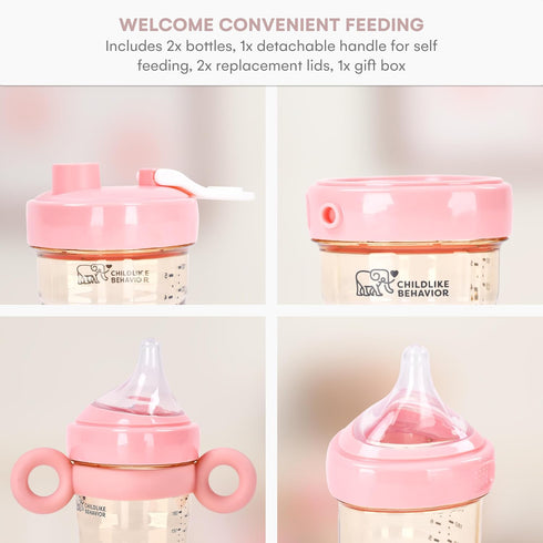 Childlike Behavior Anti Colic Baby Bottles Gift Box Set, 5oz & 8oz Bottles, Detachable Handles, Pink