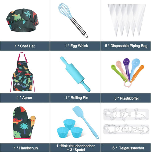 Set 27 3-7 Anpro Complete Kids Cooking and Baking - Pcs Includes Aprons for Boys, Chef Hat, Mitt & Utensil to Dress Up