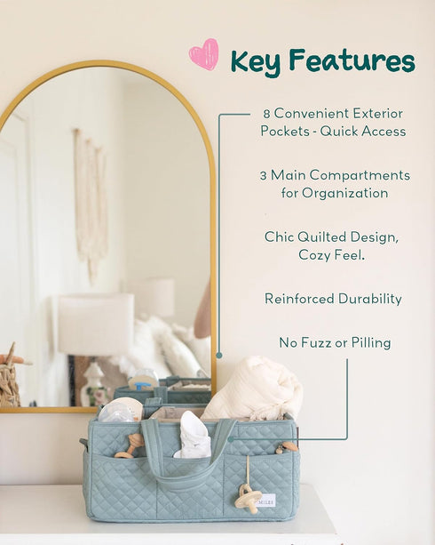 Lily Miles Baby Diaper Caddy Organizer, Quilted Nursery Storage Basket for Newborn Essentials and Diaper Changing