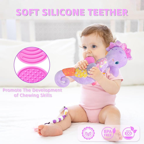 Baby Toys 0-6 Months, Infant Musical Seahorse Stuffed Animals Sensory Toys with Bright Colors, Rattles & Crinkle Sound