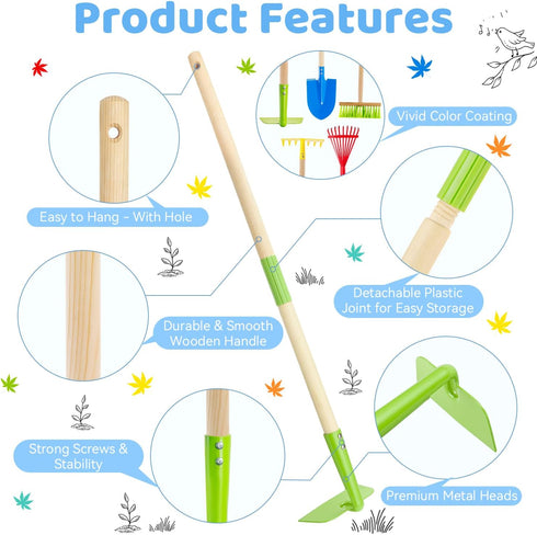 Set: 5-Piece Theefun Kids Garden Tool Safe Toddler Size Hoe, Rake, Shovel, Leaf Rake, Broom Kids Gardening Tools