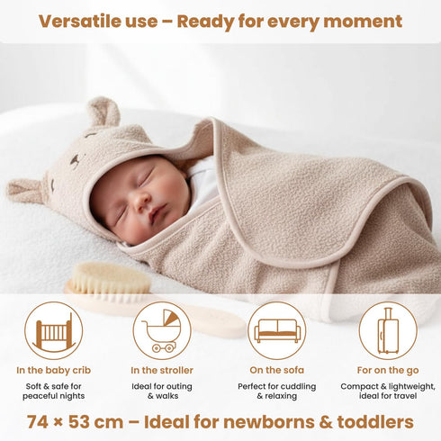 Set 3-Piece Set Baby Gift for Newborns with Organic Cotton Hooded Towel in Bunny Design, Natural Bristle Baby Hairbrush