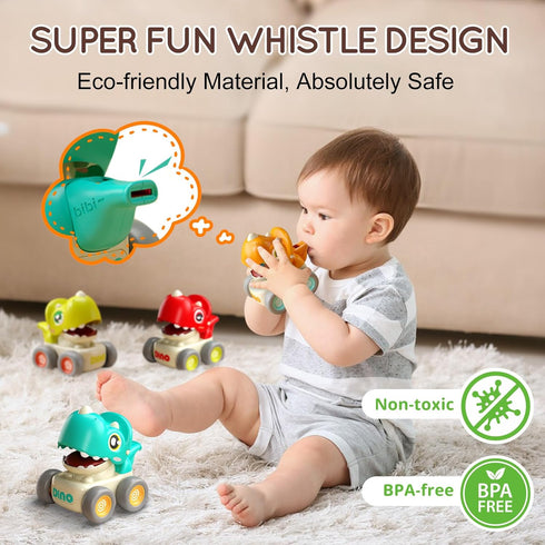 Dinosaur Racing Cars for Toddlers 1-3, Baby Press and Go Car Toys, Infant Play Vehicle Set for 1st Birthday