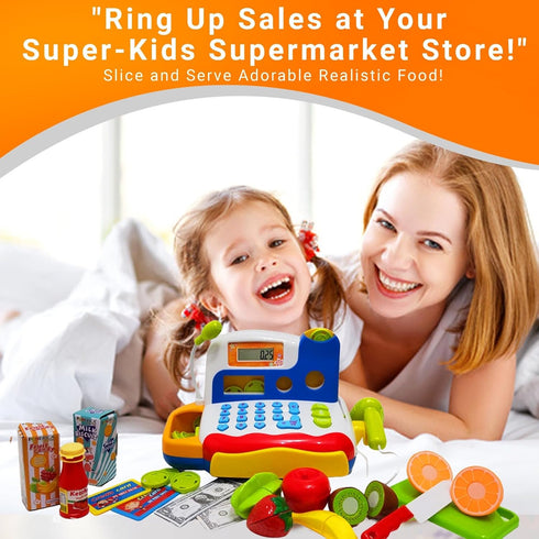 FUNERICA Toy Cash Register with Scanner, Microphone, Interactive Calculator, Grocery Food, Pretend Play Money
