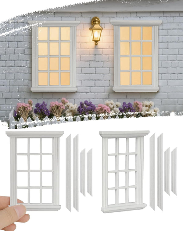 iLAND 1/12 Scale Accessories of Dollhouse Windows 2pcs White Solid Wood DIY