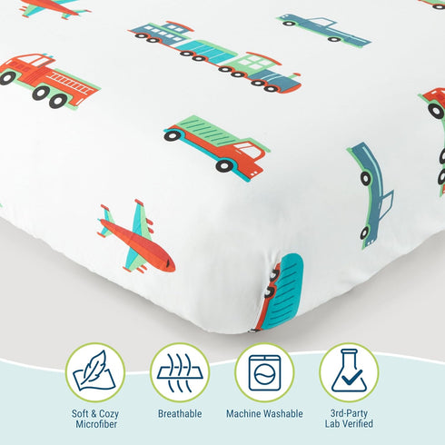 Set Wildkin Toddler Sheet Soft Microfiber, Fitted & Top Sheet, Pillowcase - Trains, Planes, and Trucks