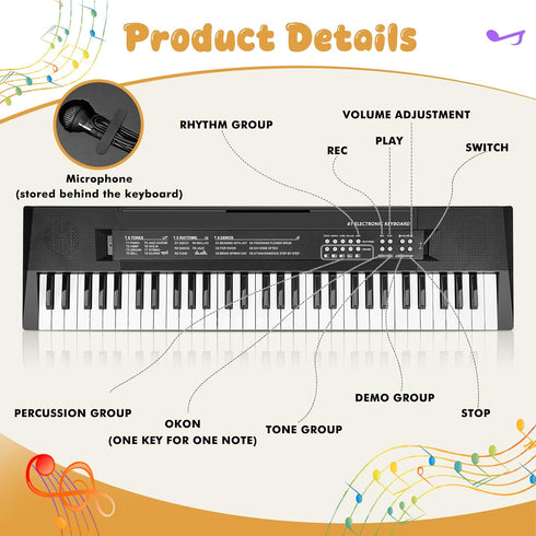 MusicForset 61 3 4 5 6 7 8 Keys Kids Piano Keyboard Toy with Mic Portable Electronic Piano for Girls Boys Beginners