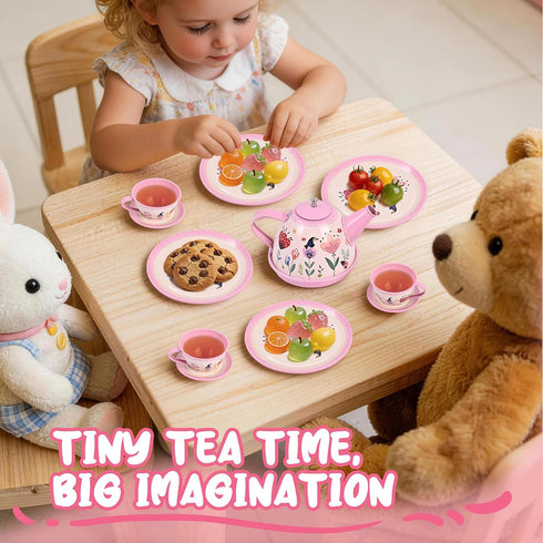 Set 3-6, 15-Piece Set Floral Tea Party for Little Girls Ages Pretend Play Kitchen Toys with Teapot, Cups, Plates