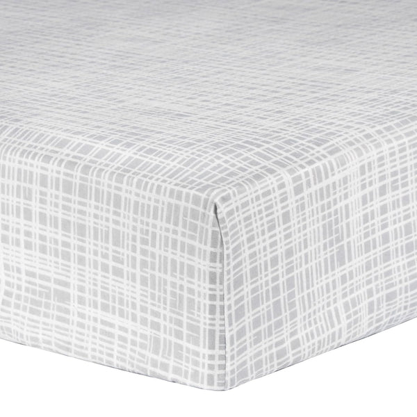 Criss Cross Fitted Crib Sheet - 100% Cotton; White, Gray; Fully Elasticized;