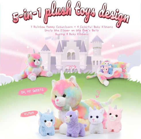 24'' Mommy 4 5Pcs MorisMos Cat Unicorn Stuffed Animal with Baby Kittens, Cat and Baby Kitty Stuffed Animals, Large