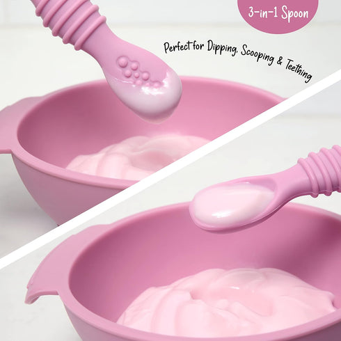PrimaStella Unbreakable Silicone Non-Slip Bowl and Chew Spoon Set for Babies and Toddlers (Purple)