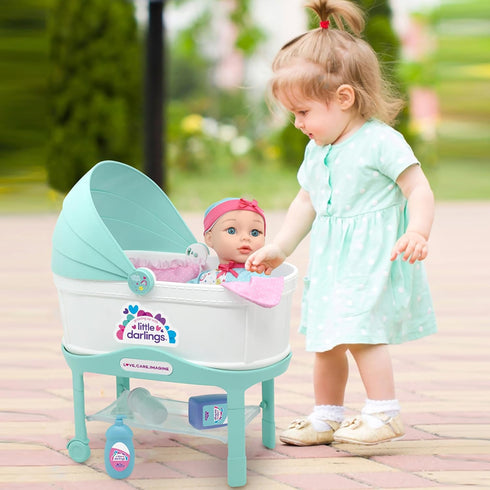 Little Darlings: 12" Bassinet Baby Doll Set - Teal, Pink, Stars - Soft Body Doll with Accessories for Kids Ages 2+