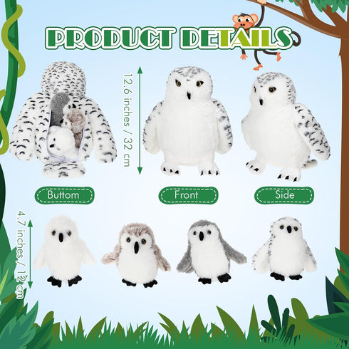 Hollowfly 5 Set 12.6" 4 Set Pcs Snowy Owls Plush Toy Gift Mom Owls with Cute Babies Stuffed Animal in Zippered Back