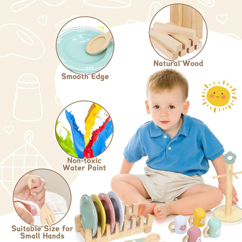 20 Playset 3 PCS Kitchen with Wooden Toy Plates and Dishes, Montessori Kitchen Toys for Girls and Boys, Wooden Play
