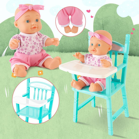 Set Set Stroller,12PCS 3+ deAO Baby Doll Play Includes Miniature Crib,Mobile High Chair Baby Doll Accessories,Great