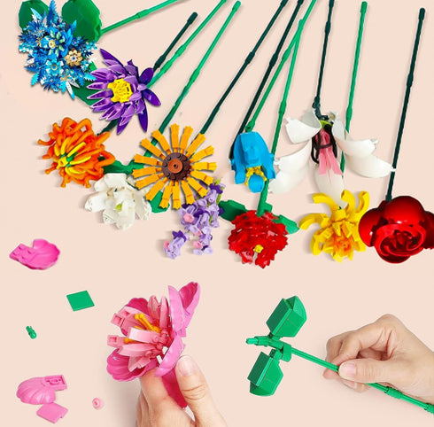 Flower Bouquet Building Set, 1009PCS DIY Plant Decoration, 12 Artificial Flowers for Ages 6+, Gift Idea