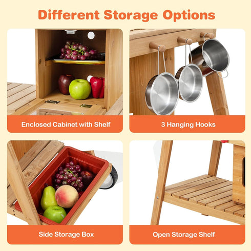 Playset Costzon Mud Kitchen with Removable Umbrella, Wooden Play Kitchen with Wheels, Sink, Accessories, Toddler