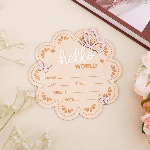 BOXOB 7x6.81in Wooden Baby Announcement Sign, Butterfly Hello World Newborn Sign Baby Name Plaque Board Newborn Welcome