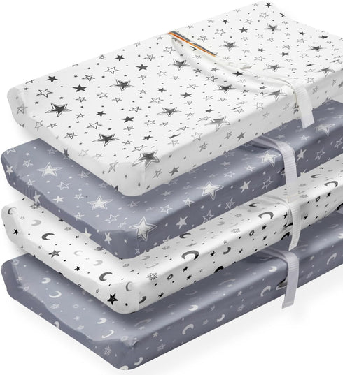 FIGEPO 4 Pack Star and Moon Neutral Unisex Fitted Baby Sheets Set for