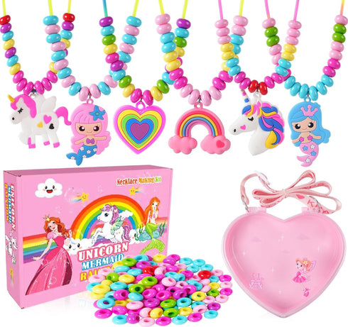 DIZRNOI Jewelry Making Kit for Girls, Unicorn Mermaid Charm Necklace Supplies Beads Set Birthday Toy Gift for Kids Age