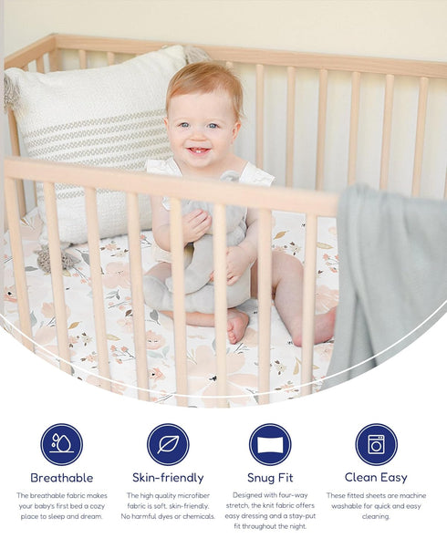 2-Pack, 9'' TotAha Floral Crib Sheets Hypoallergenic, Silky Comfort, Buttery Soft, Calming Effect, All-Season