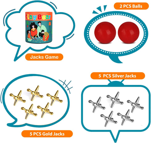 10 2 Jacks Game with Ball, Retro Vintage Jax Game for Kids and Adults, Classic Board Games with Metal Jacks & Red