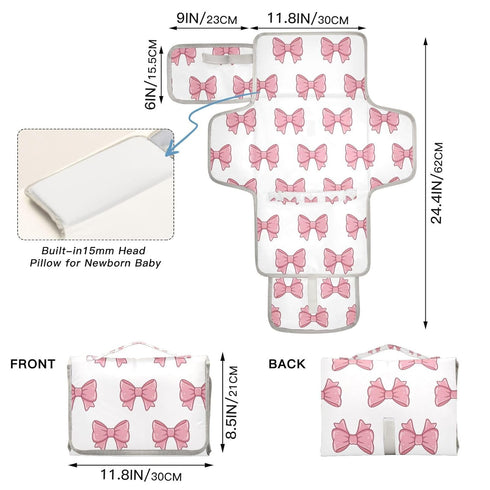 Jihqo Diaper Changing Pad Pink Bows Portable Diaper Mat with Built-in Pillow Travel Changing Station for Baby