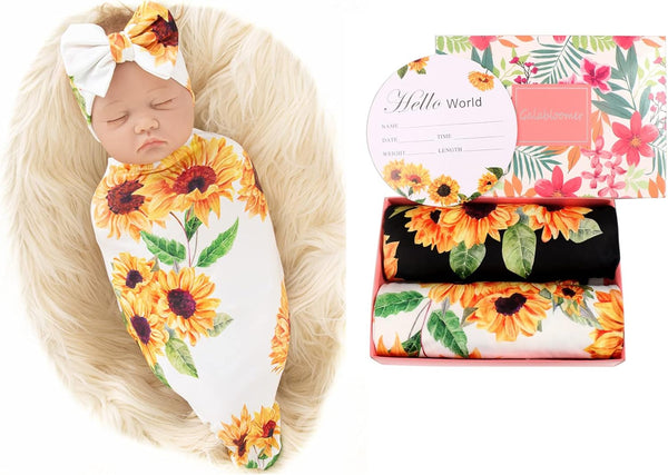 Galabloomer Receiving Blanket Headband Set Flower Print Baby Swaddle Receiving Blankets Sunflower