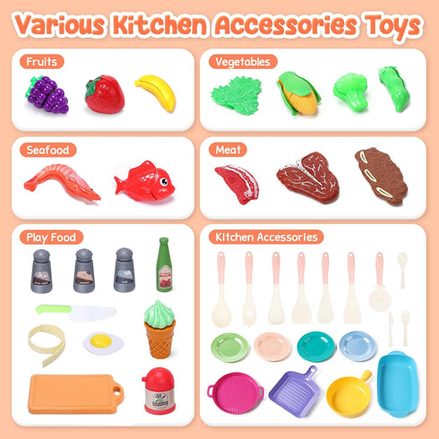 CUTE STONE Kids Play Kitchen Toy Accessories, Toddler Pretend Cooking Playset with Cookware, Utensils, Food for Cutting