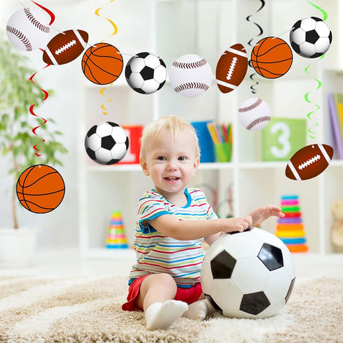 18 Pieces Sports Party Decorations, Sports Themed Birthday Supplies with 2 Banners and 16 Hanging Swirl Paper Garland