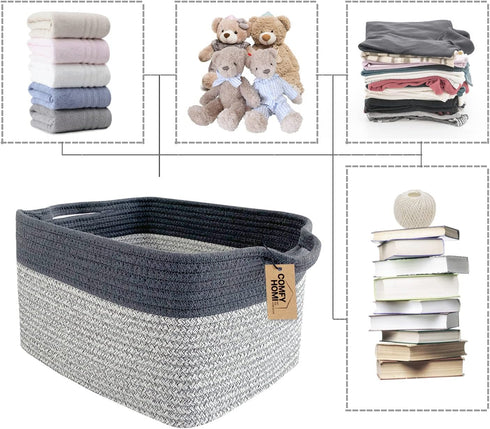 COMFY-HOMI Cotton Rope Woven Basket with Handles, Organizing Bins for Toys, Books, Cloth Storage, Light Grey