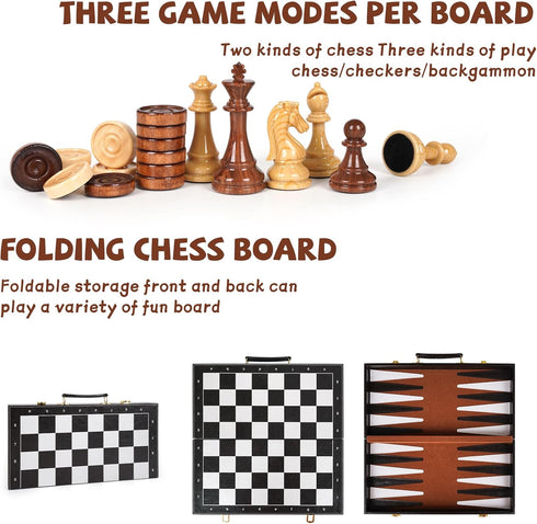 3 1 Set Backgammon Set, 15" Set, in Magnetic Chess & Checkers Board Game Wooden Folding Chess Board, Tournament